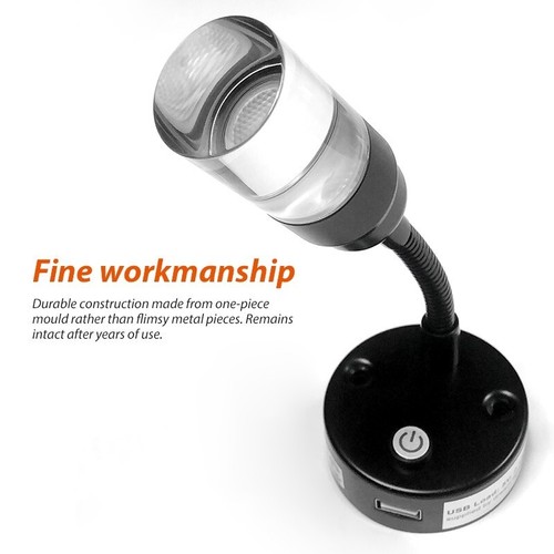 USB Port LED Bedside Reading Light Flexible Desk Wall Lamp 12V Black Switched - Bild 6 von 8