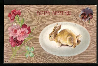 Easter Greetings, Osterhase mit Blumen-Motiv, Ansichtskarte 1909 