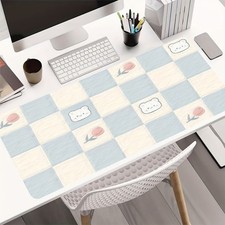 40 90cmNon-Slip Rubber Base Washable Desk Mat - Cute Bear Checkered Pattern wi