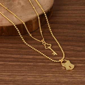 Authentic 18K Gold Plated Layered Women's Necklace Double Chain Key & Lock Charms Pendnet