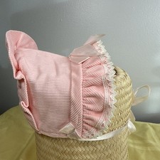 Vintage Pink Corduroy Infant Baby Bonnet Lace Trim White Ribbon Delicate