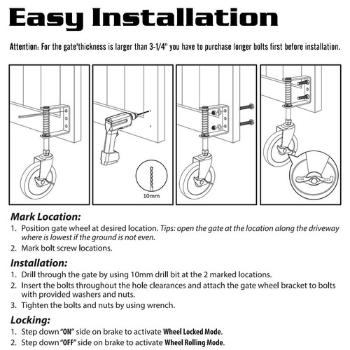 4 Inch Heavy Duty Gate Wheel with Brake, Spring Loaded Gate Caster Wheel, Far... - Picture 7 of 8