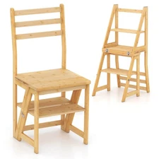 3-Step Folding Step Ladder Chair w/ Bamboo Frame Convertible Ladder Stool
