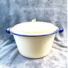 Vintage White Blue Rim Enamelware Pot Lid Two Handles 12x5in Farmhouse Kitchen