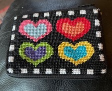 Alice Peterson Stitch Zip Needlepoint Zippered Coin Purse Hearts 4.5x3.5