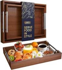  Set of 2 decorative trays - Bamboo trays with silver stainless steel handles -