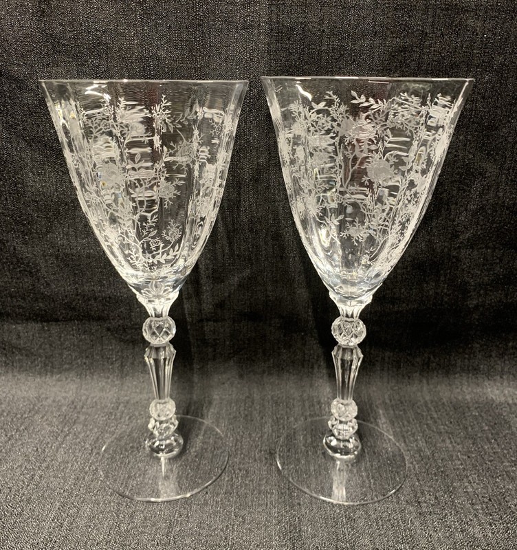 New VTG 2 Fostoria Chintz Water Goblets 338 Optic Bowl Etch Flowers