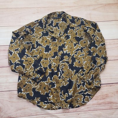 Zara Basic Shirt Womens Small Black Brown Floral Button Front Long Sleeve Blouse