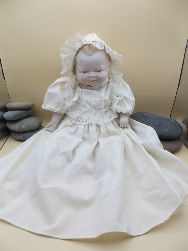 Vintage Japan Bisque Head Rag Baby Doll 14" White Dress Bonnet Hat