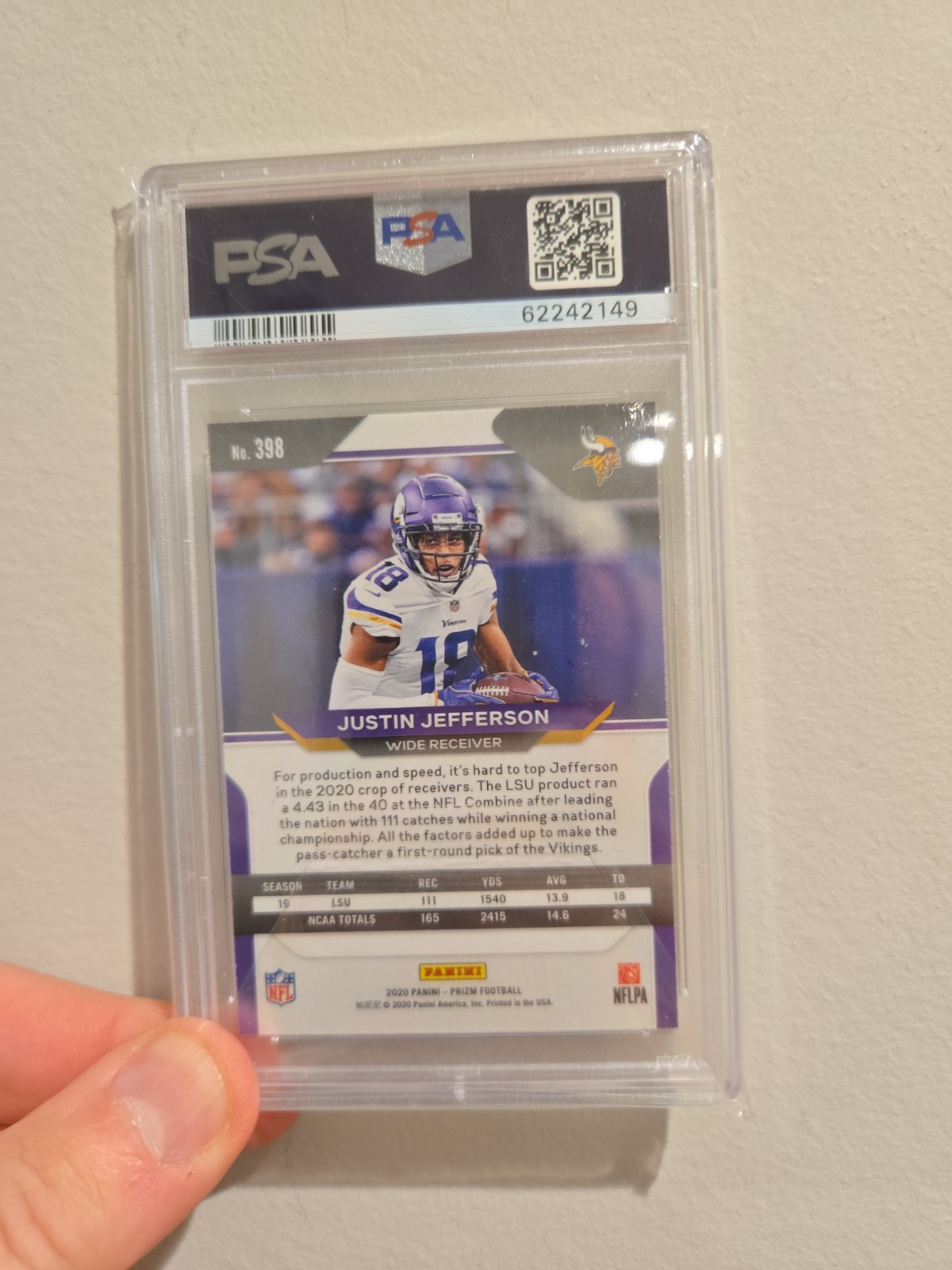 2020 Panini Prizm Justin Jefferson Rookie Card PSA Mint 9 Minnesota Vikings RC view 4