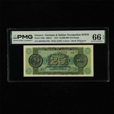 1944 Greece/German&Italian Occupation WWII 25000000Drachmai P-130b PMG 66EPQ UNC