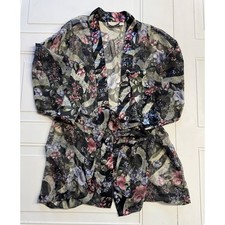 Victoria's Secret Vintage Gold Label Kimono Robe Black Satin Floral Belted Sz OS