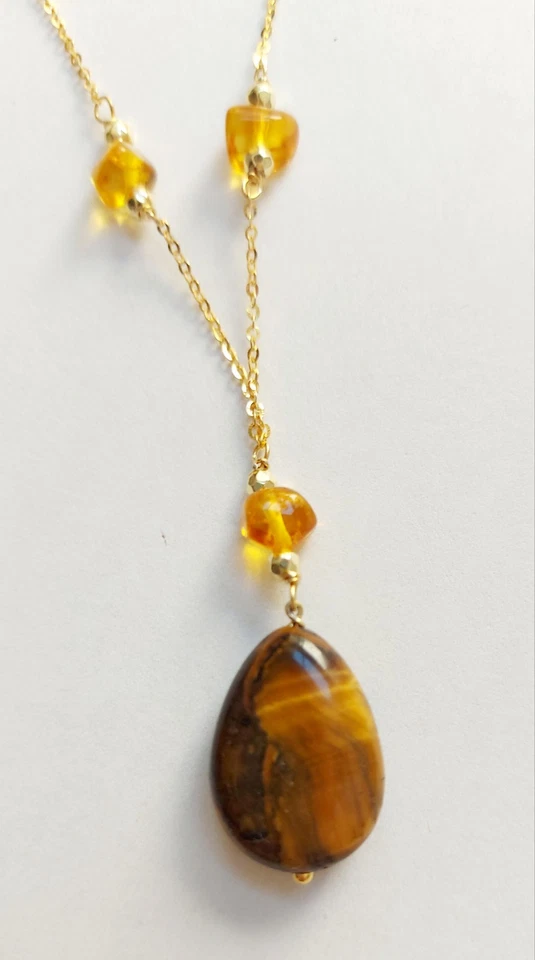 Collana in argento 925 laminata in oro con ambra occhio di tigre ematite dorata - Immagine 3 di 4