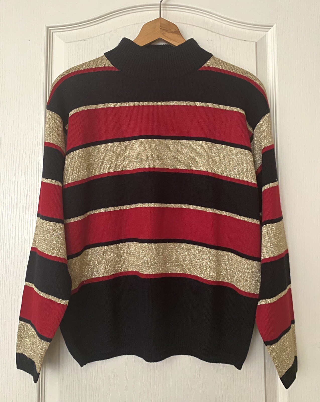 red and gold striped sweater