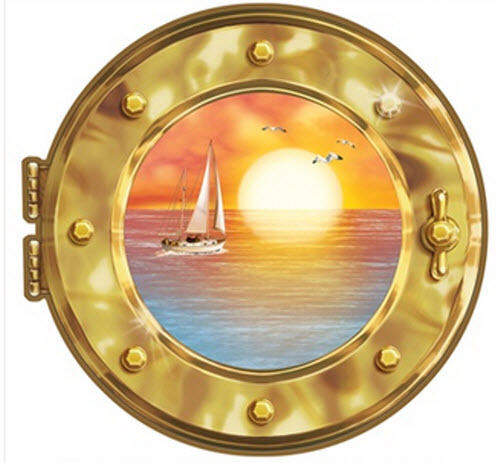 SUNSET PORTHOLE wall sticker 1 big peel and stick decal seagulls ocean sailboat - Picture 1 of 1