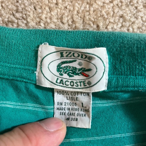IZOD Lacoste Polo Shirt Mens L Green Striped Short Sleeve Cotton Lisle - Picture 7 of 10