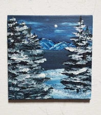 Original 4" Oil Painting Blue Moon Night Sky Mountains Evergreen Trees Lake Snow