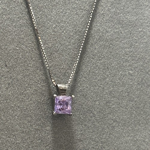 Amethyst Necklace Small Square 7mm Stone Sterling Silver 925 Chain 18”L Vintage - Picture 5 of 15