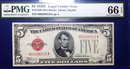 1928E $5 Legal Tender Note Fr-1530 PMG66 Gem EPQ
