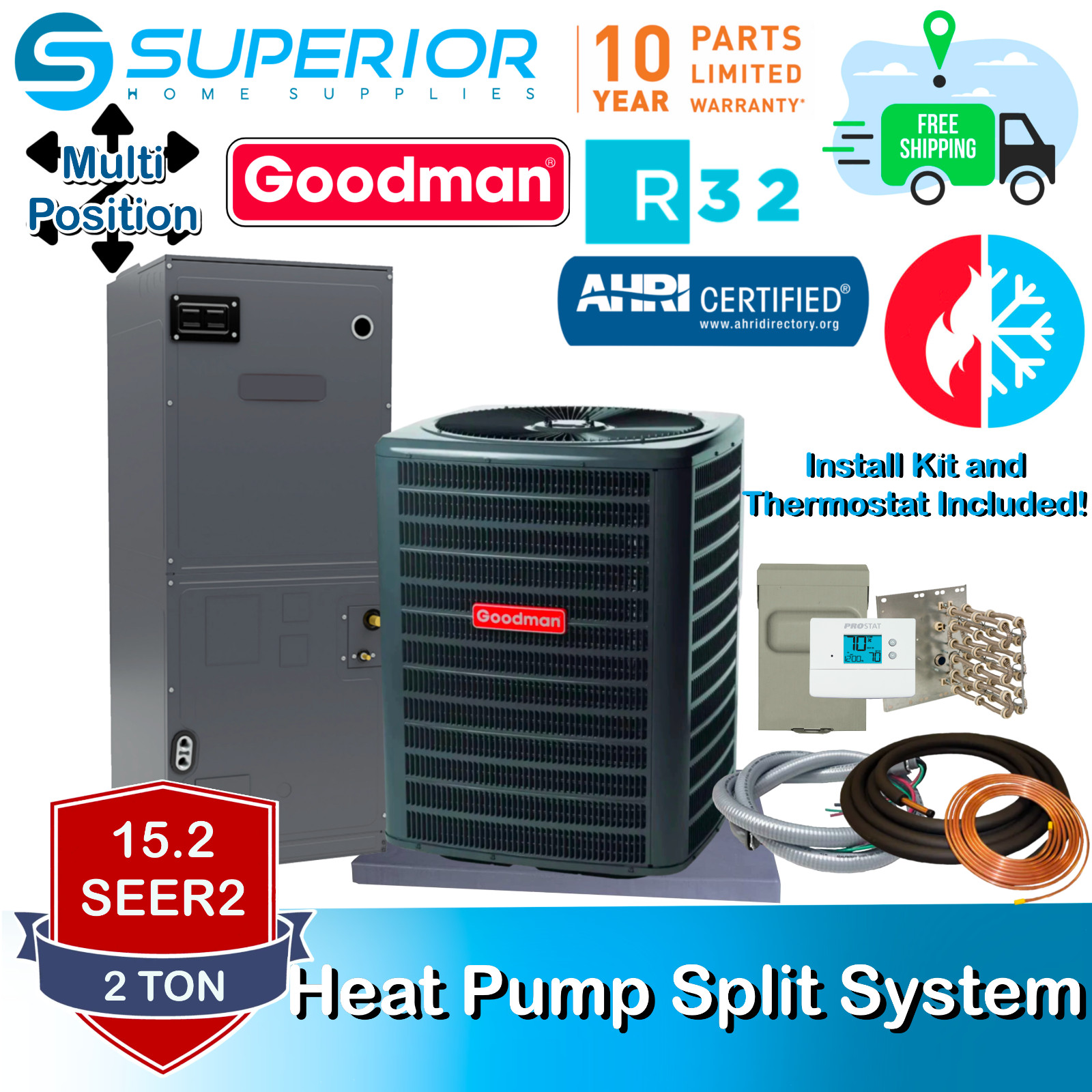 Goodman 2 TON 15.2 SEER2 Multi-Position R-32 Heat Pump Split System Bundle