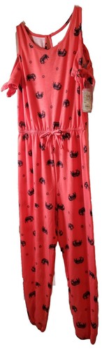 Girls Jumpsuit Orange w Black Elephants Cold Shoulder Elastic Waist Size 8 MUDD - Picture 3 of 18