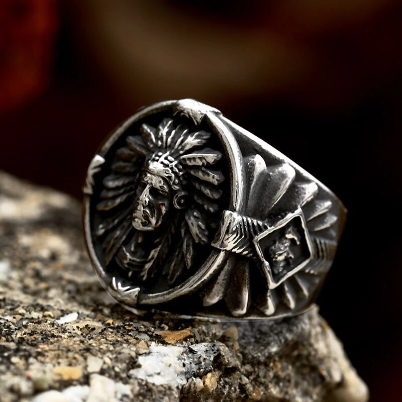 Anillo jefe líder tribal indio vintage anillo pluma cacique de acero inoxidable Foto 3 de 4