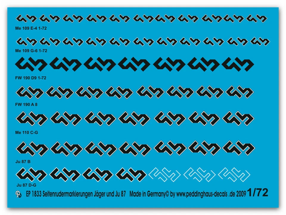 Peddinghaus-Decals 1/72 1833 Seitenrudermarkierungen Me 109 E-Me 109 G-Fw 190A-F