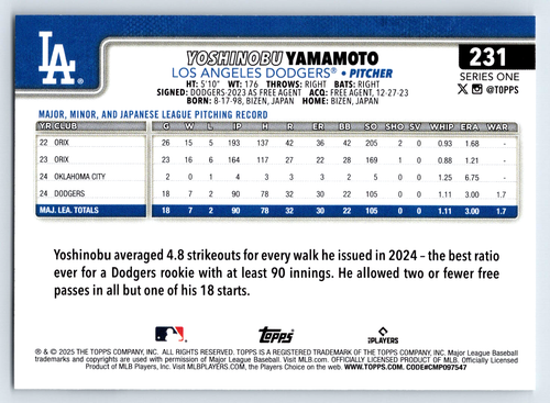 Yoshinobu Yamamoto 2025 Topps Series 1 Future Stars #231 Los Angeles Dodgers - Picture 2 of 2