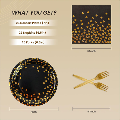 75PCS Paper Plates and Napkins Set Black and Gold Dot Disposable