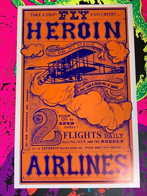 TAKE A TRIP, FLY HEROIN AIRLINES 1967 VINTAGE HEADSHOP HIPPIE POSTER 14'' x 20''