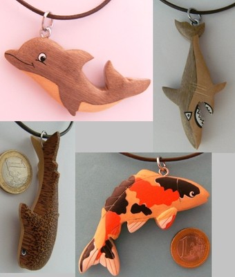 Kette Fische Holzanhänger Ketten Modeschmuck Lederband Delfine Haie Wale Fisch 