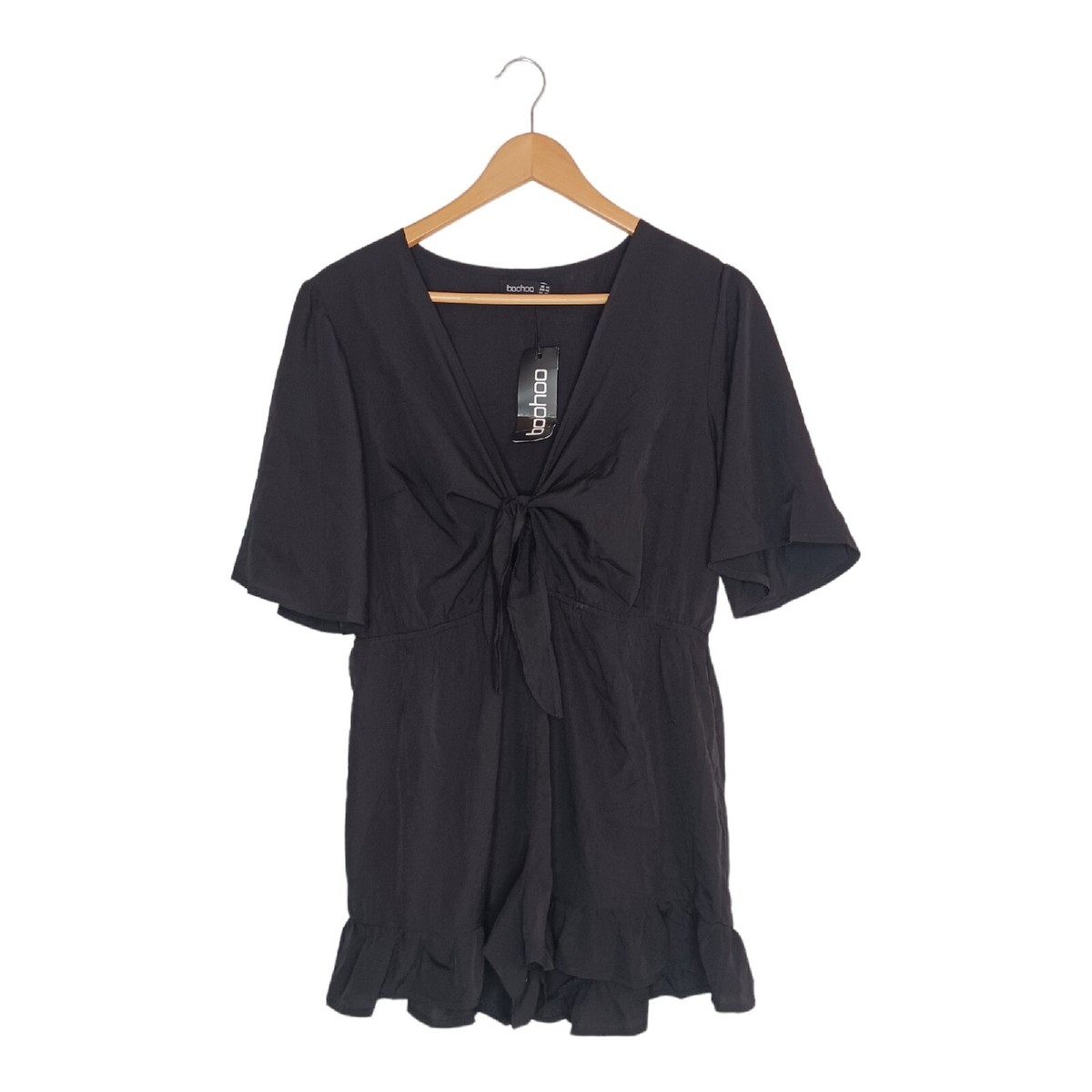 Boohoo Ruffle Hem Knot Front Playsuit Romper Jumpsuit Shorts Black Size 10  NEW