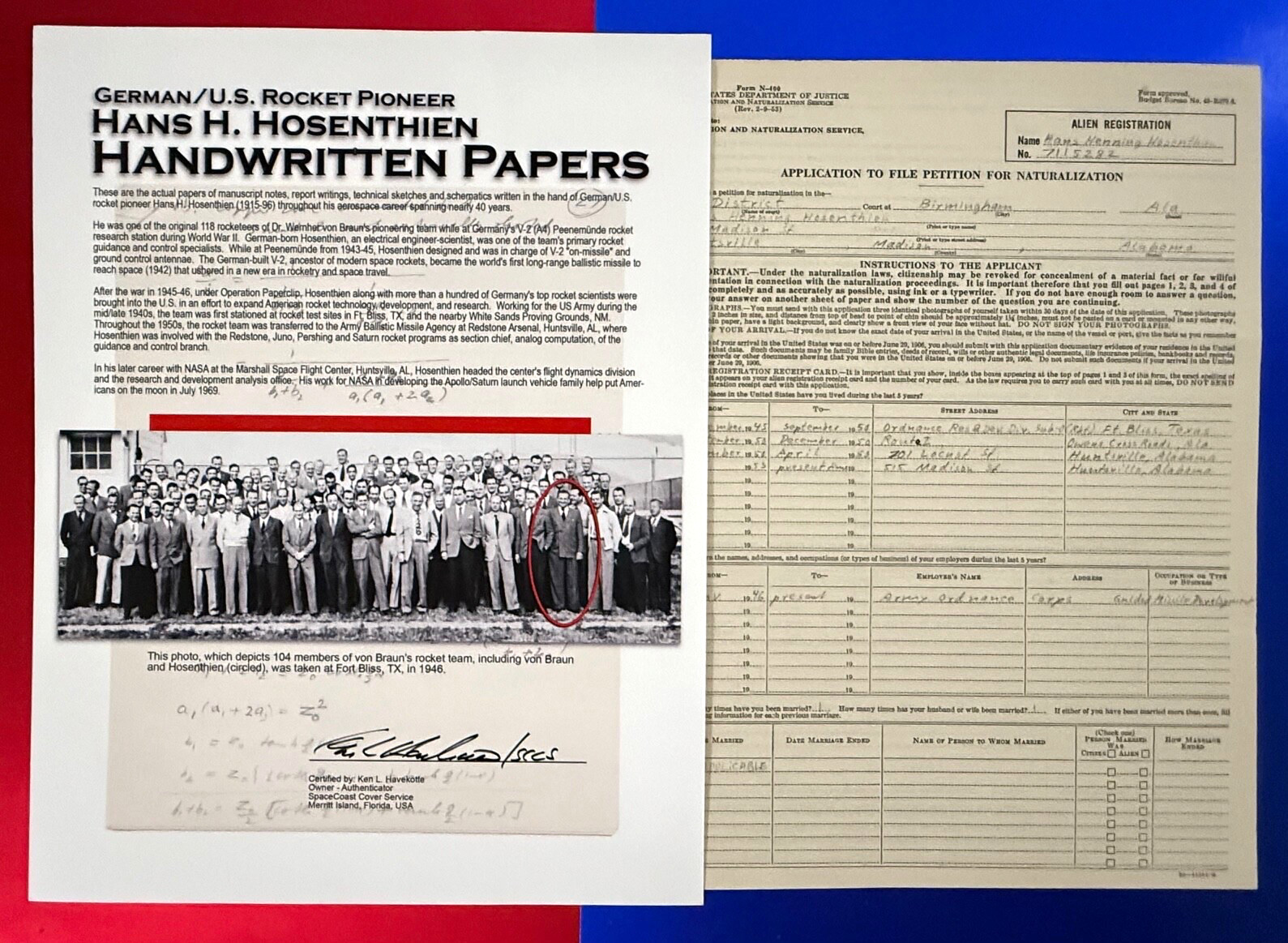 HANS H. HOSENTHIEN MSFC ERA GERMAN ROCKET PIONEER NATURALIZATION DOCUMENT SCCS