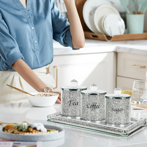 Coffee Sugar Tea Crystal Canister Set of 4,Sparkly Crystal Crushed Diamonds Home - Picture 9 of 9