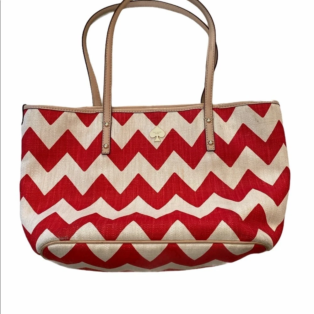 Kate Spade Harmony Chevron Tote Red Ivory Good