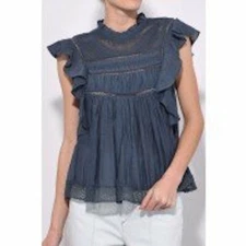ISABEL MARANT Etoile "Vivia" Lace Embroidered Top Sz FR 34 XS Blouse Blue