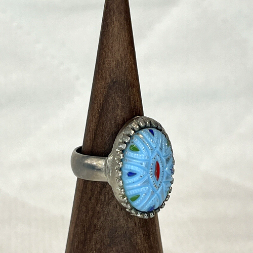 Vintage Moroccan Matrix Blue Painted Glass Cabochon Silver Tone Ring Size 5.75 - Picture 2 of 10