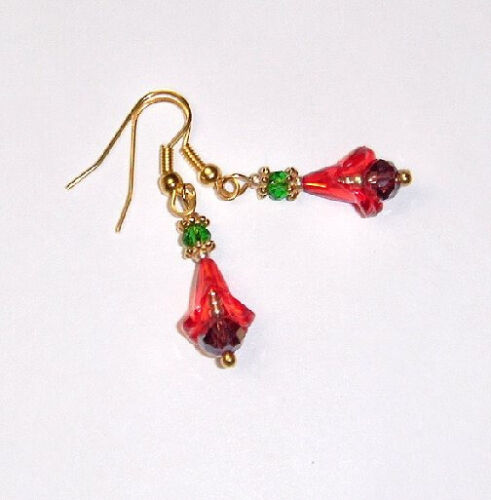 RED TRUMPET LILY BELL FLOWERS LUCITE AND CRYSTALS GOLD PLATED EARRINGS - Picture 1 of 3