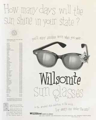 1953 Willsonite Sun Glasses PRINT AD How Many Days Will Sun Shine in Your State?