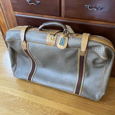 Vintage Gucci Brown Leather Soft Suitcase Luggage Stripes 31
