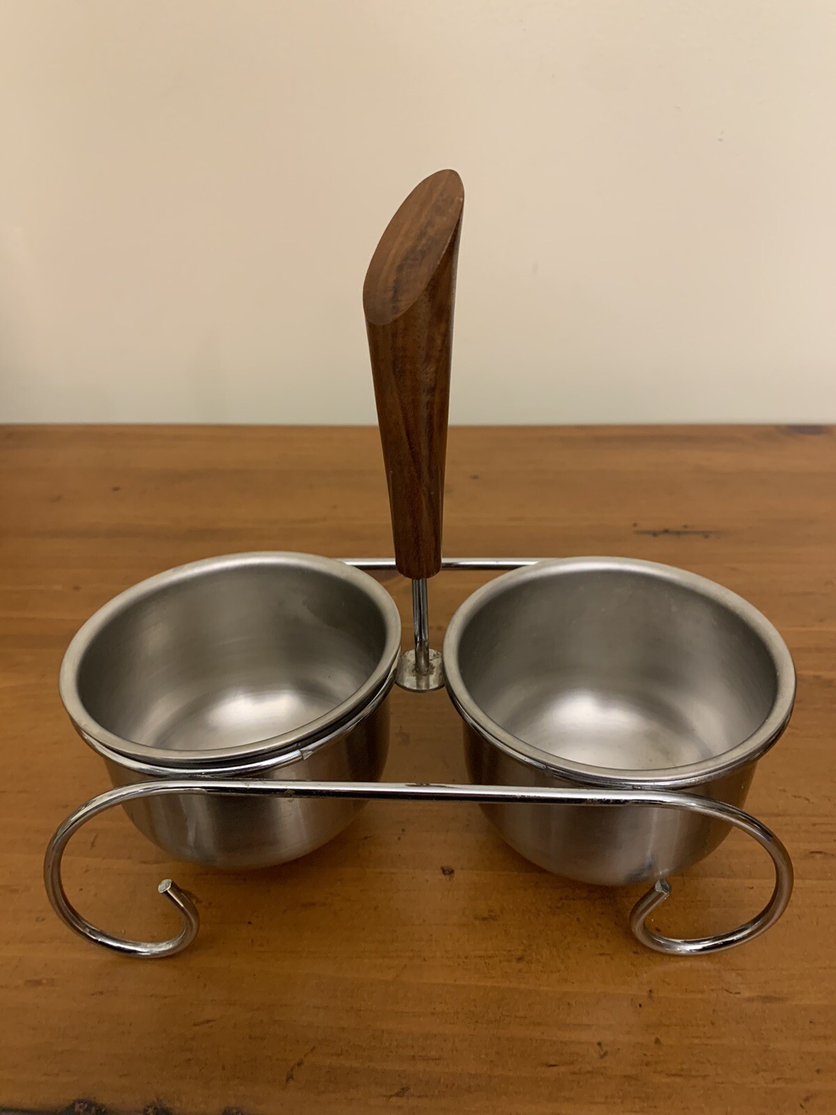 MCM 2 Caddy Metal Wood Condiment Server Salad Dressing Sauce Bowl Serving VTG