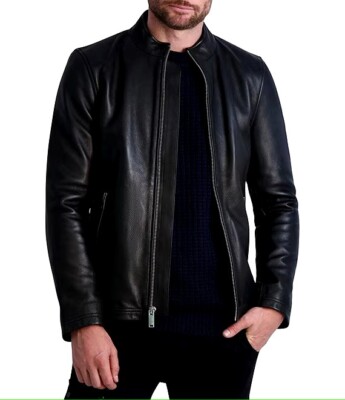 Karl Lagerfeld Paris Men Leather Racer Exposed Metal Zipper