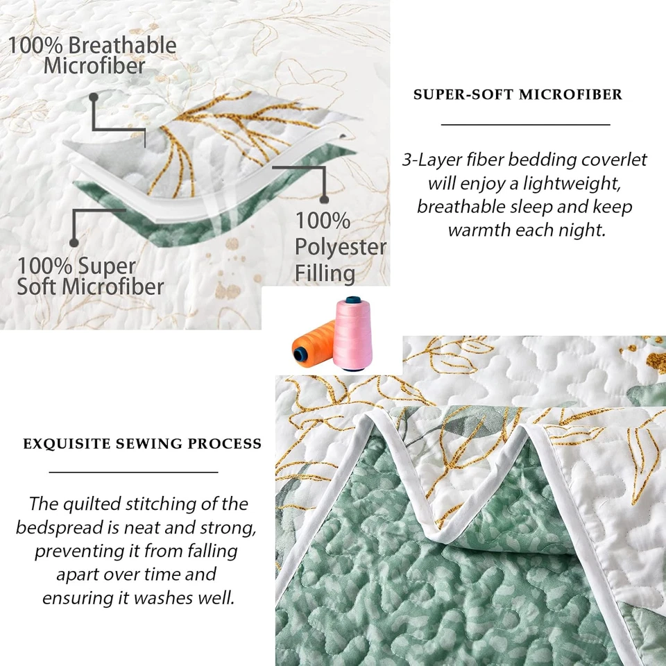 Edredón floral Anibedding tamaño queen, edredón verde botánico reina 3 piezas, reversible Foto 3 de 4