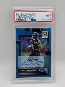 2022 Donruss Optic #218 Kenneth Walker III Autograph Blue /99 Rated Rookie PSA 9