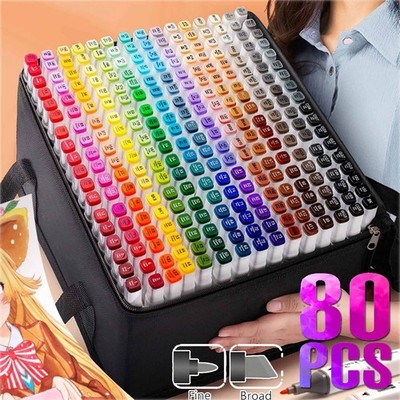 80 Farben Dual Tips Marker Pens Permanent Wasserfest Pen Art Sketch&Tragetasche