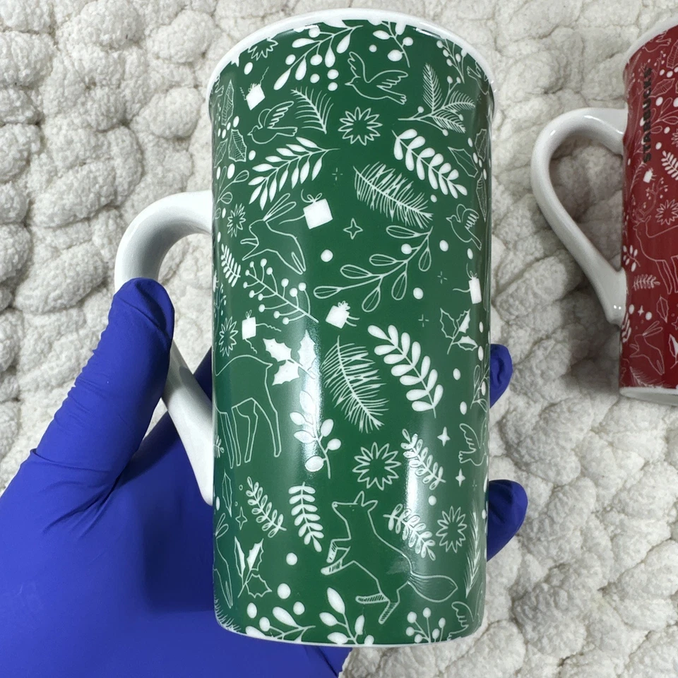Par de tazas de café Starbucks 2019 tazas de té altas rojas y verdes patrón navideño Foto 4 de 4