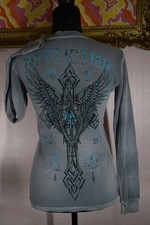 Y2k Affliction Womens Shirt Waffle Knit Long Sleeve Thermal Cyber Goth Grunge SM