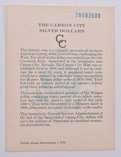 1878 GSA COA Certificate Original Card for CC Morgan Silver Dollar (1card)