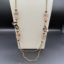 Gold Tone Long Chain Necklace Pink Lucite Beads Black Enamel Links Layered Boho