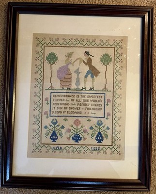 Vintage Signed & Dated 1932 Cross Stitch Sampler (framed- 16 x 20) 